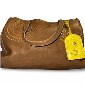 Etro Milano Brown Perforated Leather Tote Paisley Lined Italy
